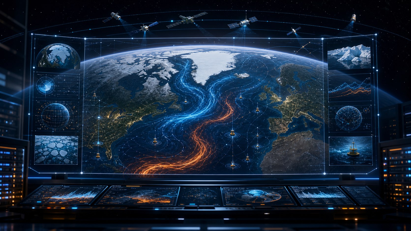 Science illustration of satellites, ocean buoys, and climate models connected in an AI monitoring network over the North Atlantic