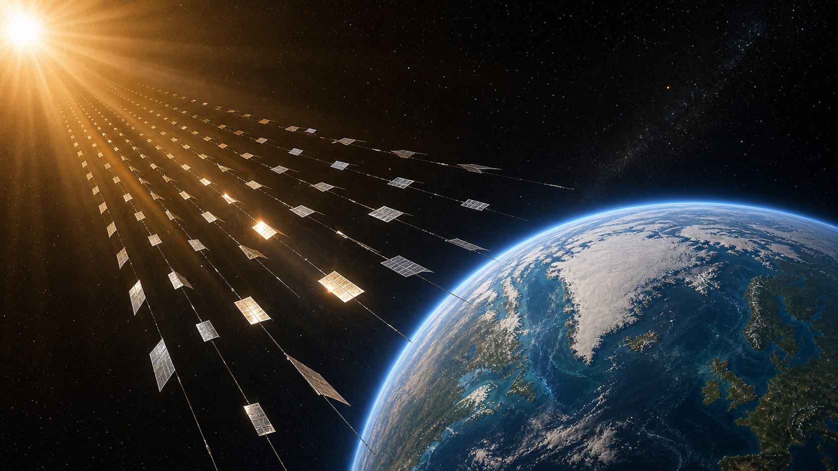 Science illustration of small orbital sunshade modules filtering sunlight between the Sun and Earth above the Arctic and North Atlantic