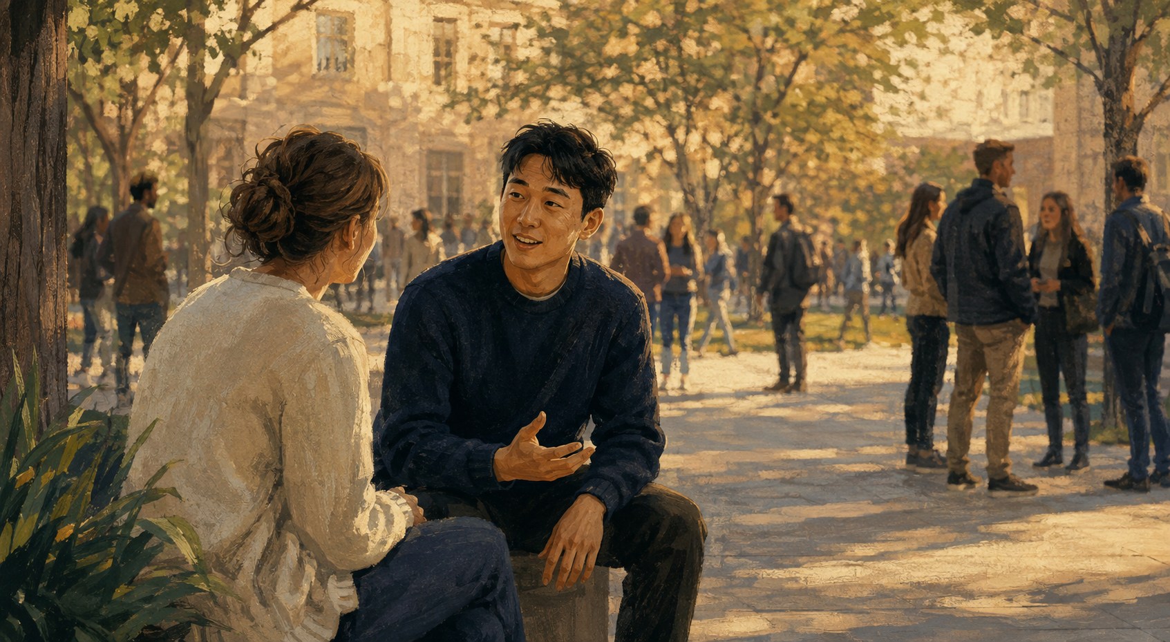 Two people having a warm conversation on an American university campus