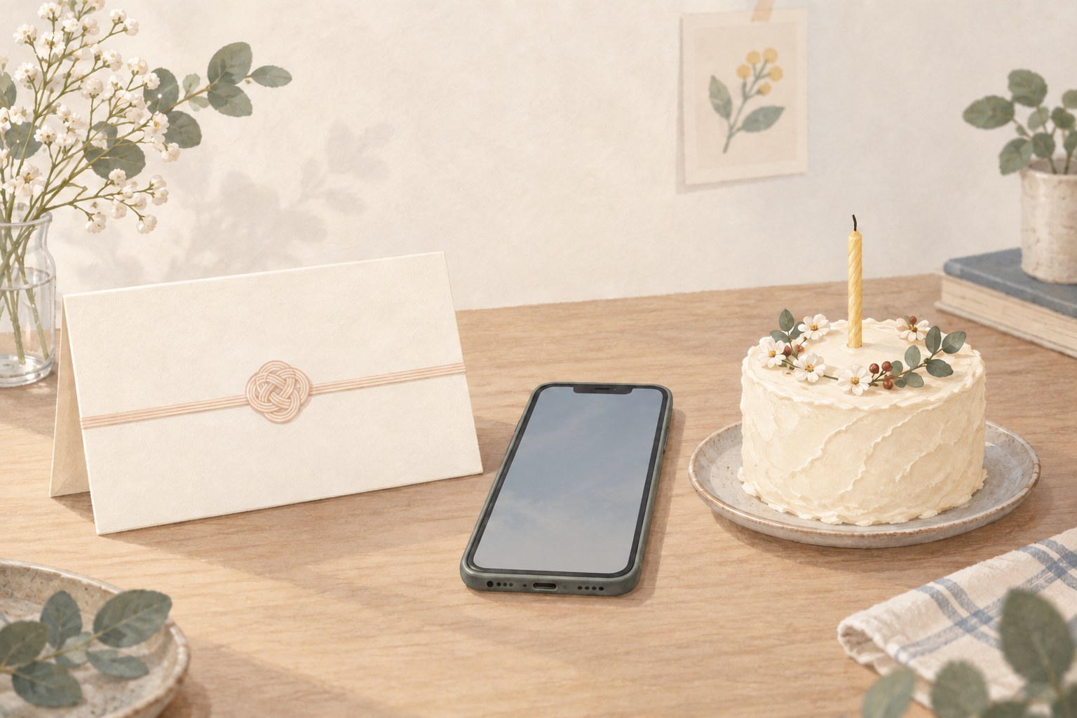 An illustration of a phone beside an envelope of Korean wedding gift money and a birthday cake